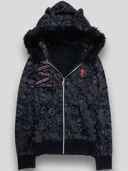 All-Over Skull Print Cat-Ear Hoodie Subculture Gothic Rock Punk Y2K Shibuya Girl Fur-Collar Jacket