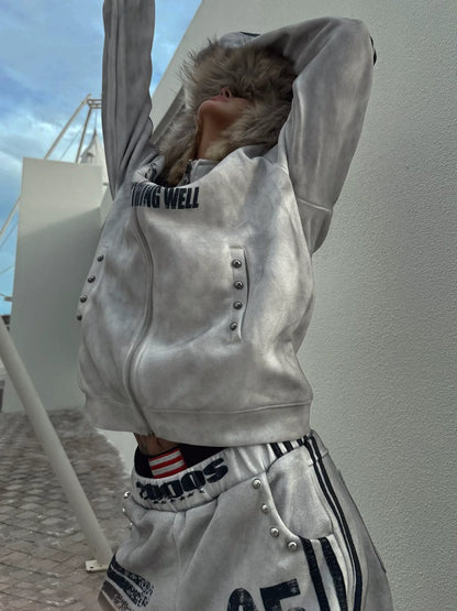 Y2K Stand Collar Distressed Jacket