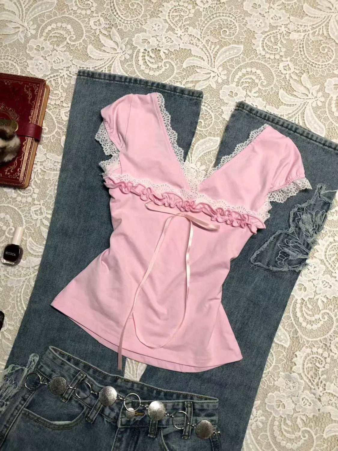 Pink Subculture Y2K E-girl Abi American Retro Lace & Bow Short Sleeve Top