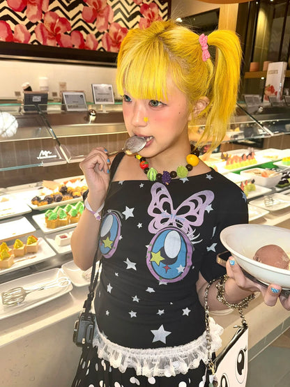 Y2K Comic Eye Print Off-Shoulder Tee Slim Fit Retro Alt Girl Top