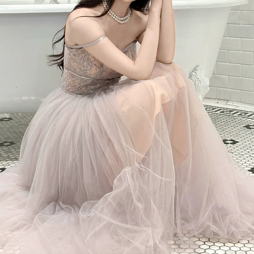 French Purple One-Shoulder Tulle Gown Dress