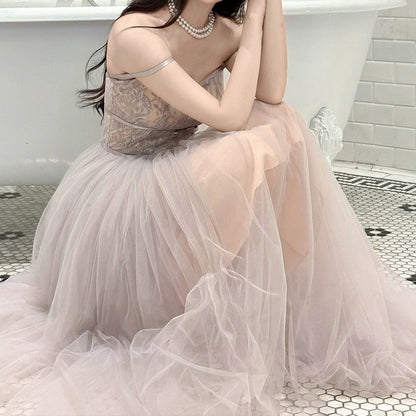 French Purple One-Shoulder Tulle Gown Dress