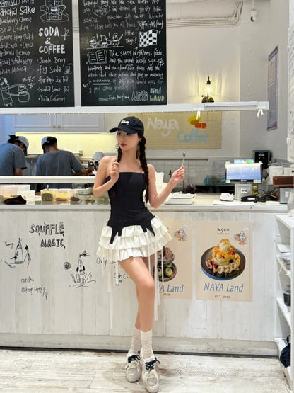 American-Style Tube-Top Sexy Tiered Fake Two-Piece Petite-Friendly Summer Mini Dress