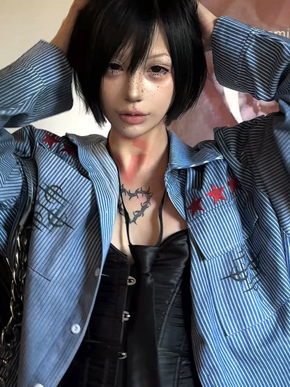 Y2K Distressed Striped Long Sleeve Shirt