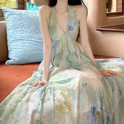 Green Printed Halter Neck Resort Fairy Gown Dress