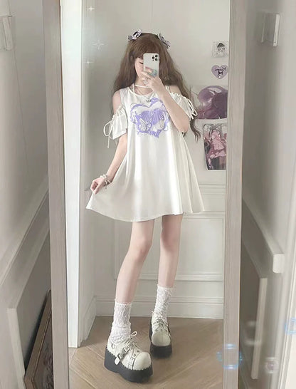 Black Subculture Y2K E-girl Ash Heart Bow Off-Shoulder Print T-shirt Dress