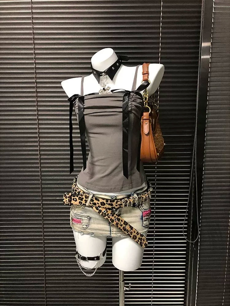 Blue Butterfly One-Shoulder Subculture Y2K E-girl Sweet-Spicy Light Subculture American Retro Bow Short Sleeve Top