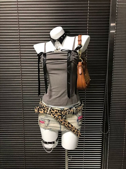 Blue Butterfly One-Shoulder Subculture Y2K E-girl Sweet-Spicy Light Subculture American Retro Bow Short Sleeve Top