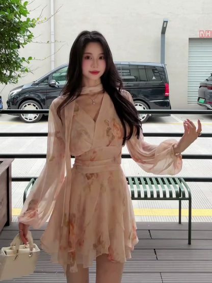 French V-Neck Sash Chiffon Long-Sleeve Waist-Cinched A-Line Mini Dress