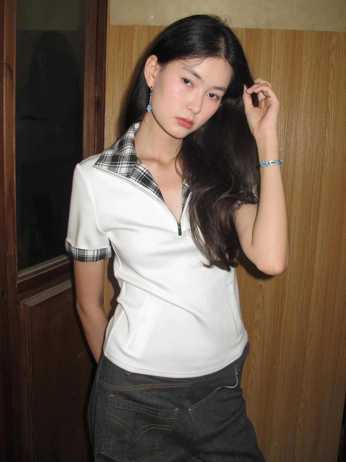 American White Stand Collar Polo Tee Summer Checkered Patchwork Short Sleeve Top