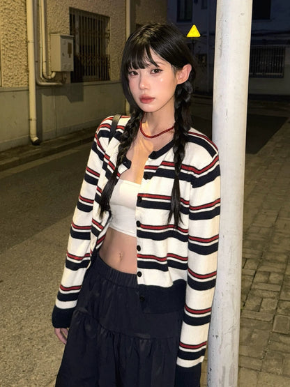 Korean Lazy Stripe Knit Cardigan Vintage College Top