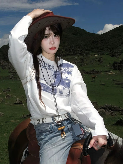 American Clean Fit White Long Sleeve Tee  Distressed Vintage Letter Print Top