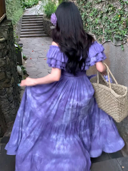 Purple Handcrafted Tie-Dye Off-The-Shoulder Maxi Dress