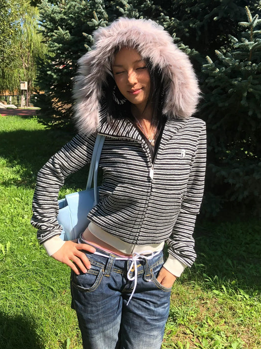 Y2K Rabbit Ear Stripe Hoodie for Autumn Winter