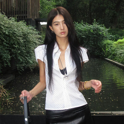 Y2K White Star Polka Dot Short Sleeve Shirt Fitted Structured Shoulder Cropped Vintage Top