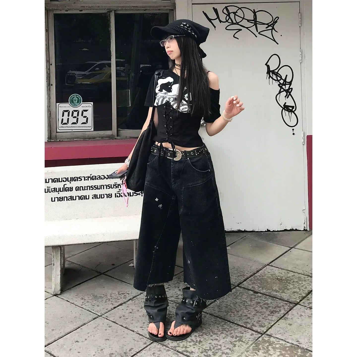 Subculture Black Off-Shoulder Tee Waist Tie Fitted Top