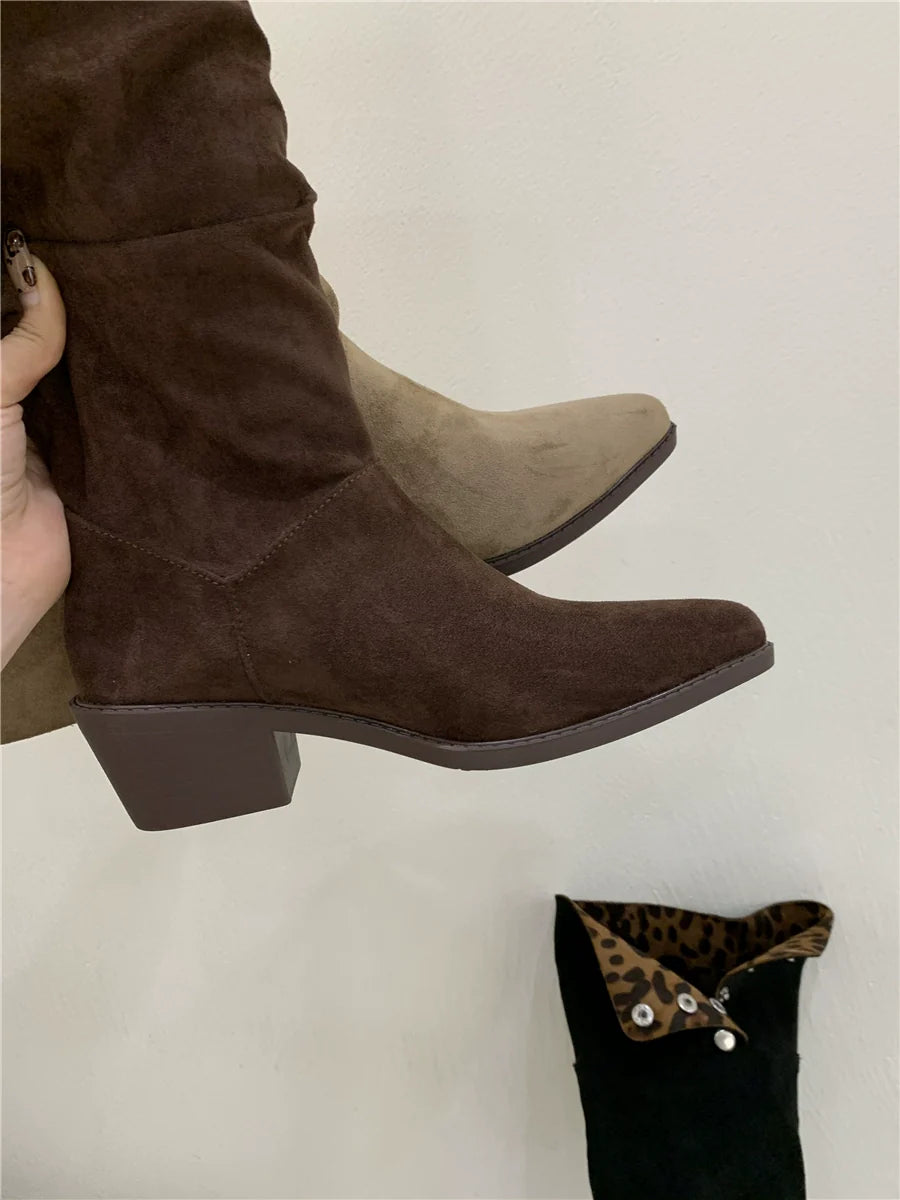 Versatile Foldable Slouchy Leopard Print Suede Retro Chunky Heel Western Knee High Women's Boots
