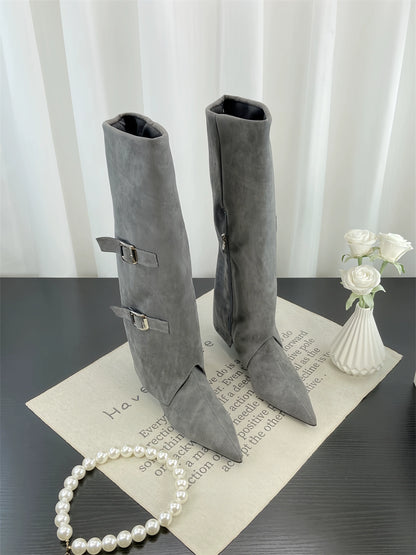 Fall Winter European Fashion Pointed Toe Wedge Knee High Buckle Suede Chunky Heel Spicy Girl Trouser Boots