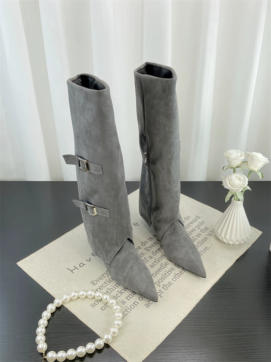 Fall Winter European Fashion Pointed Toe Wedge Knee High Buckle Suede Chunky Heel Spicy Girl Trouser Boots