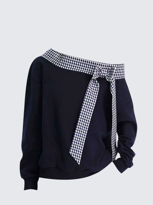 Bow Check Strap Asymmetrical Sweatshirt