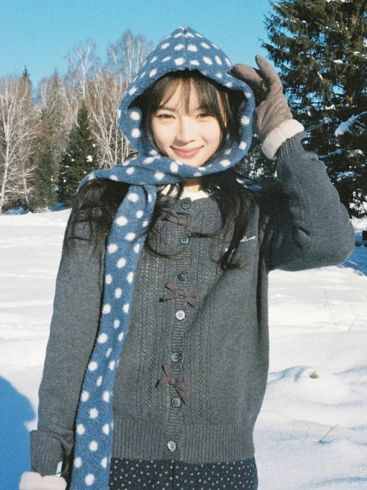 Korean Lazy Gray Knit Cardigan Autumn-Winter Vintage Open Front Sweater with Bow Detail