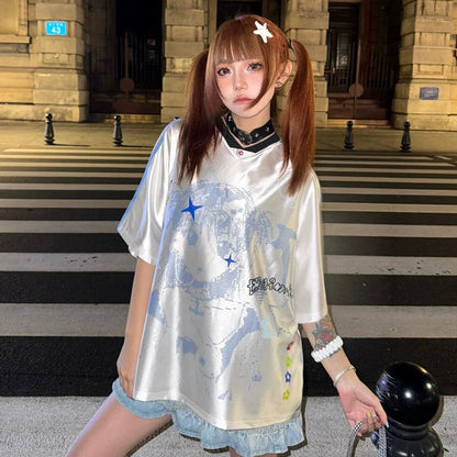 American Retro Jersey Tee Summer Anime Girl Print Loose V-Neck Top