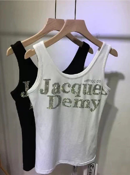 Black Subculture Punk Y2K E-girl Heavy-Duty Rhinestone Letter Crop Tank Top