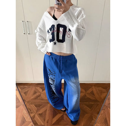 Retro V Neck Numeric Print Knit Top Y2K Sweater