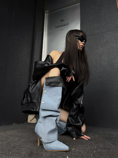 Button Detail Two Way Slouchy Boots 2025 Summer New Spicy Girl High Heel Fashion Pointed Toe Thin Heel Knee High Boots
