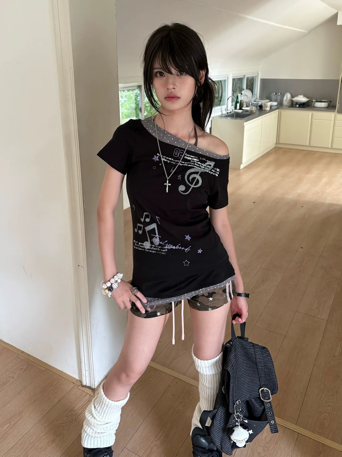 Y2K Light Asia Slanted Shoulder Polka Dot Tee Summer Fake Layer Sweet Spicy Girl Top