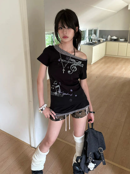 Y2K Light Asia Slanted Shoulder Polka Dot Tee Summer Fake Layer Sweet Spicy Girl Top