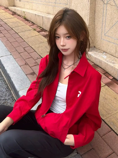 American Red Retro Jacket Autumn-Winter Casual Loose Fit Vintage Collar Top