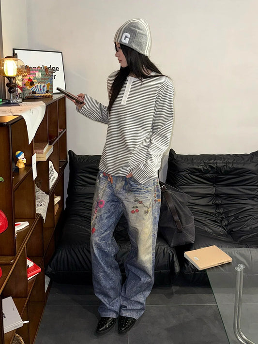 Henley Stripe Long Sleeve Top Autumn Slim Fit Cleanfit