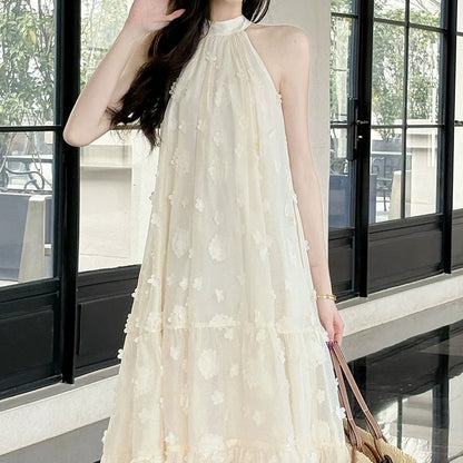 White Embroidered Halter Floral Tulle Gown Dress
