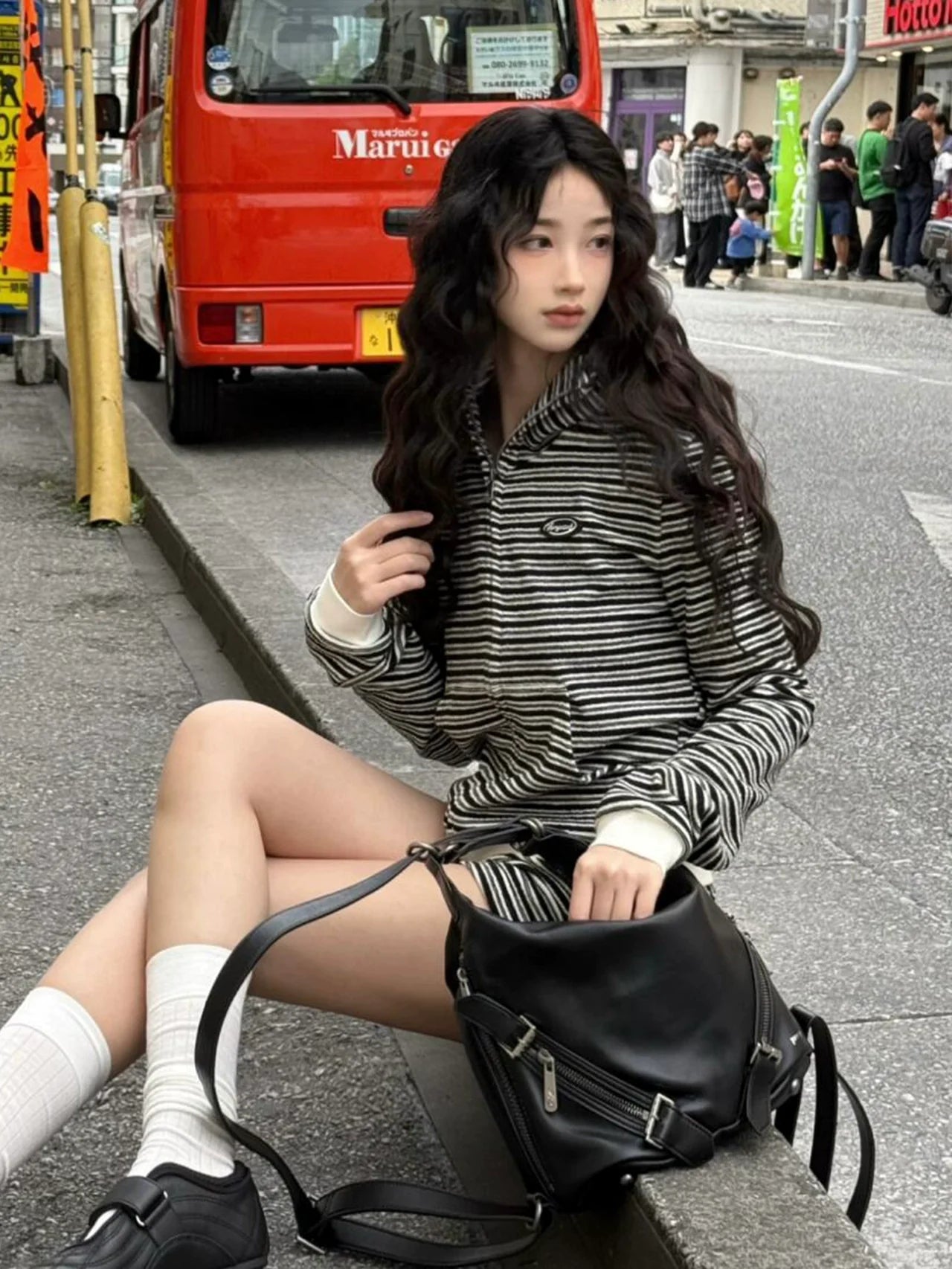 Striped Fur Collar Zip Up Hoodie Slim Fit Streetwear Top