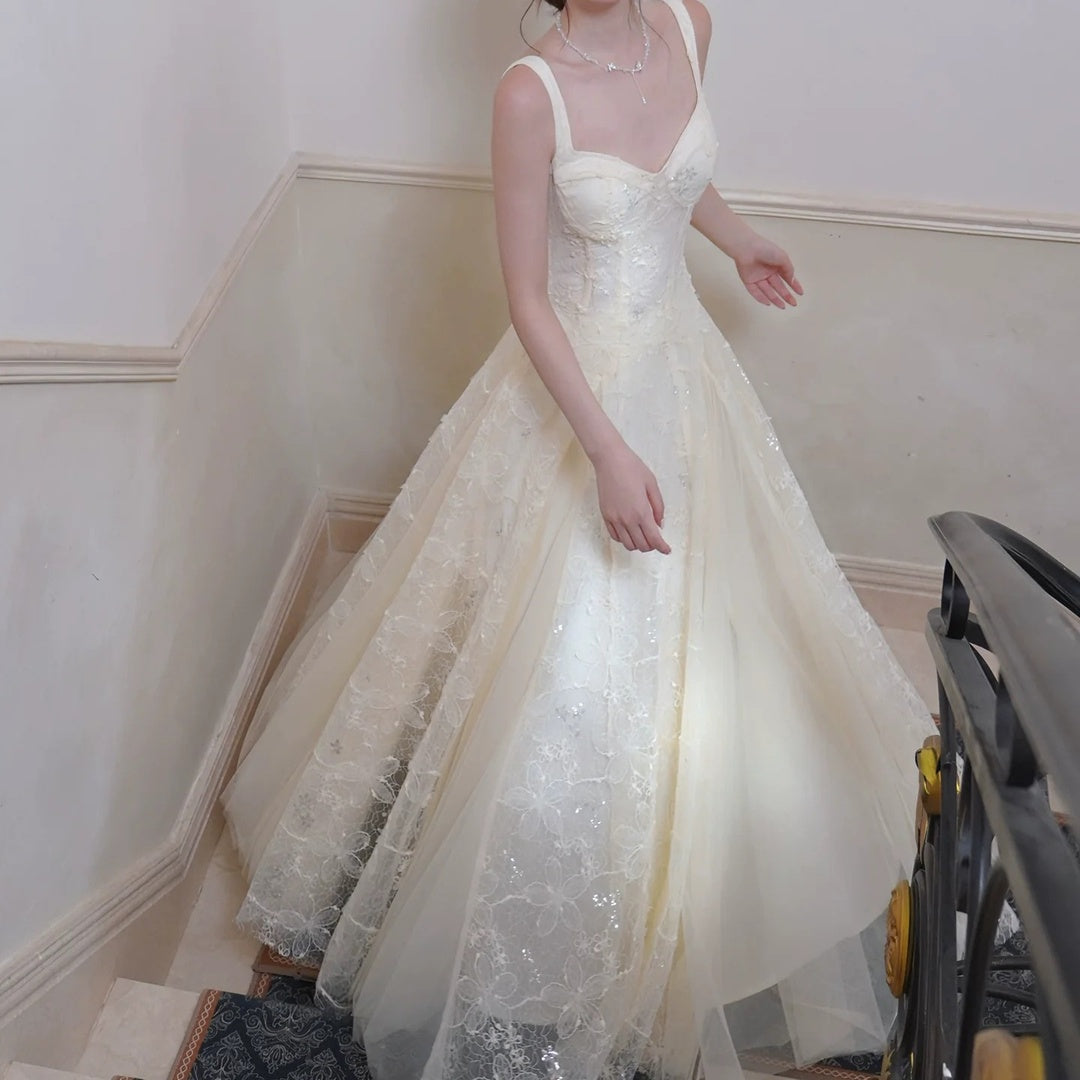 French Lace Mesh Spaghetti Gown Dress