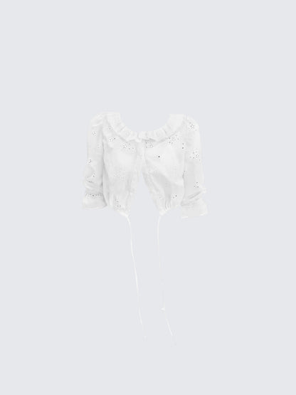 White Hollow Embroidered Long Sleeve Shirt