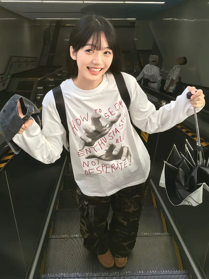 Korean Comfy White Long Sleeve Loose Fit Base Layer Top