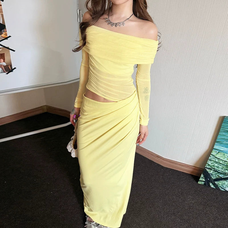 Mature Elegant Tulle-Paneled Off-The-Shoulder Cutout Waist Slimming Fall Maxi Dress