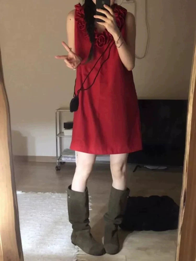 Red French-Inspired Sleeveless Mini Dress With 3D Rose Details