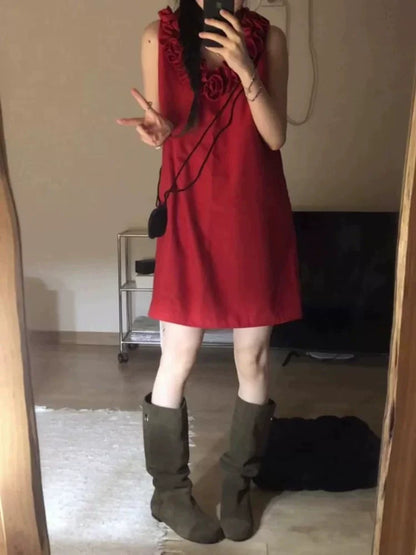 Red French-Inspired Sleeveless Mini Dress With 3D Rose Details