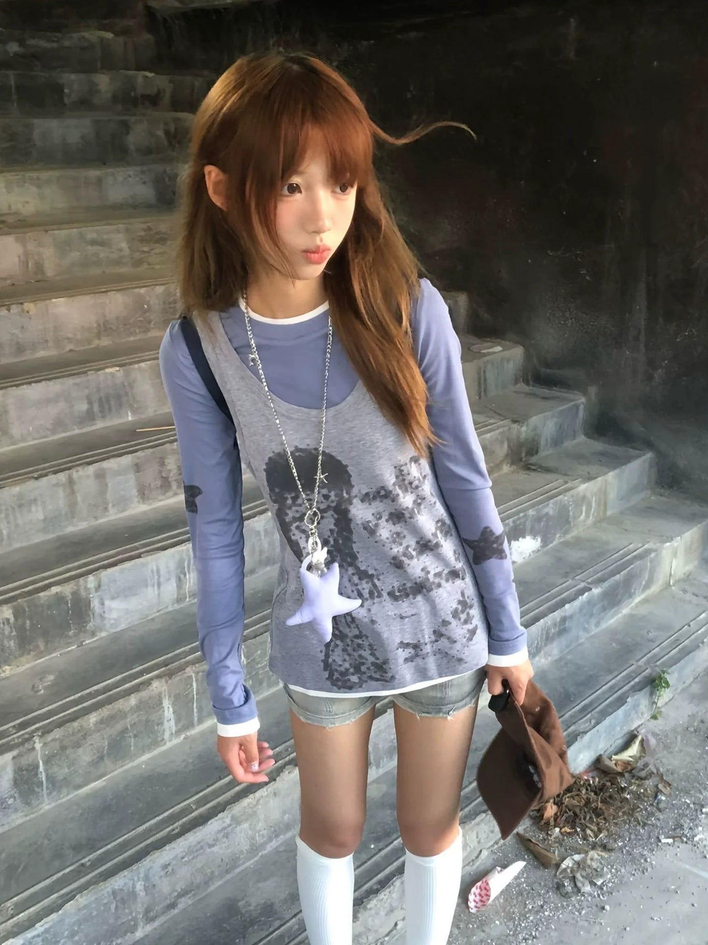 Y2K Star Girl Print Two-Piece Long Sleeve Tee Layered Vest Set