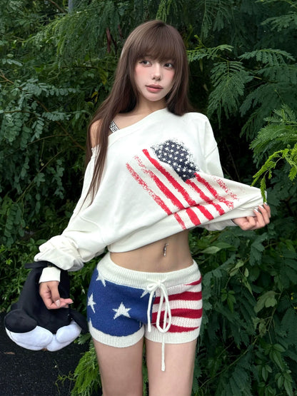 Retro White Asymmetric Shoulder Sweatshirt Flag Print Top
