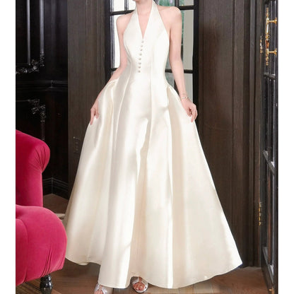 French Satin Halter Neck Waist Gown Dress