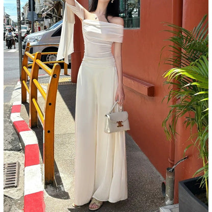 One-Shoulder Strapless Acetate Top and Satin Wide-Leg Pant Set