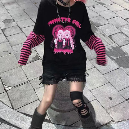 Black Subculture Punk Y2K E-girl Harajuku Manga Print Fake Two-Piece Oversized Top