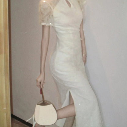 Modern Chinese Lace Cutout Sleeveless Gown Dress – National Style Evening Dress