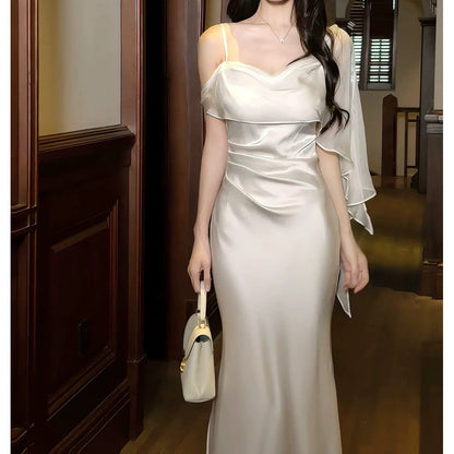 French Satin Spaghetti Strap Luxury Party Gown Dress