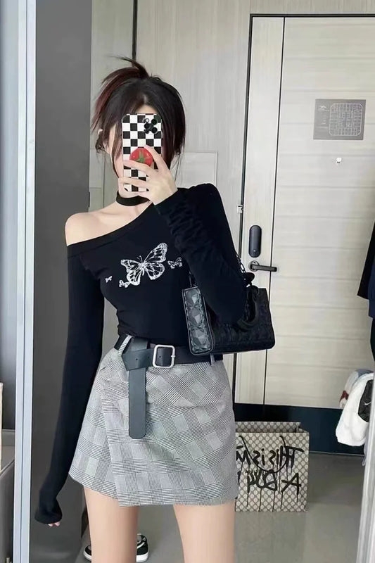 Black Subculture Punk Y2K E-girl Butterfly Print Off-Shoulder Niche Long-Sleeve Top