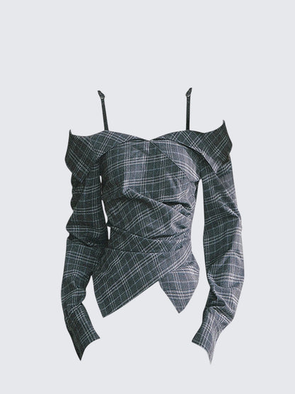 Korean Off Shoulder Plaid Long Sleeve Shirt Women